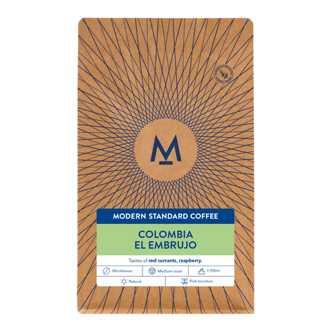 El Embrujo Colombia microlot coffee bag, front label with tasting notes