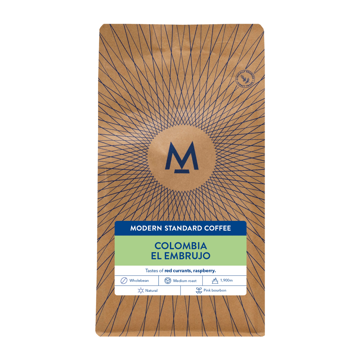 El Embrujo Colombia microlot coffee in a flat-bottomed kraft bag