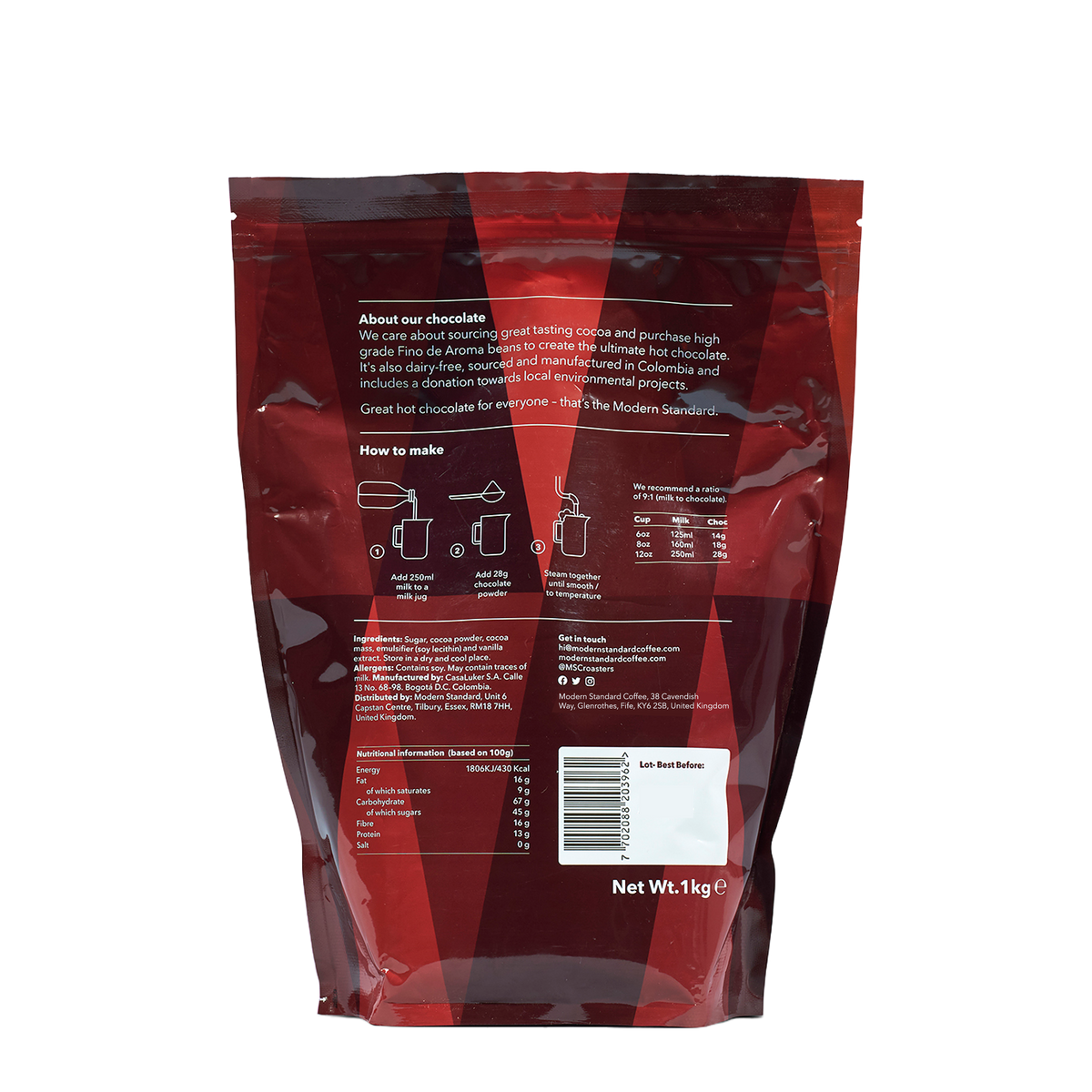 Back of the 1kg 52% Hot Chocolate pouch with how-to-make guide