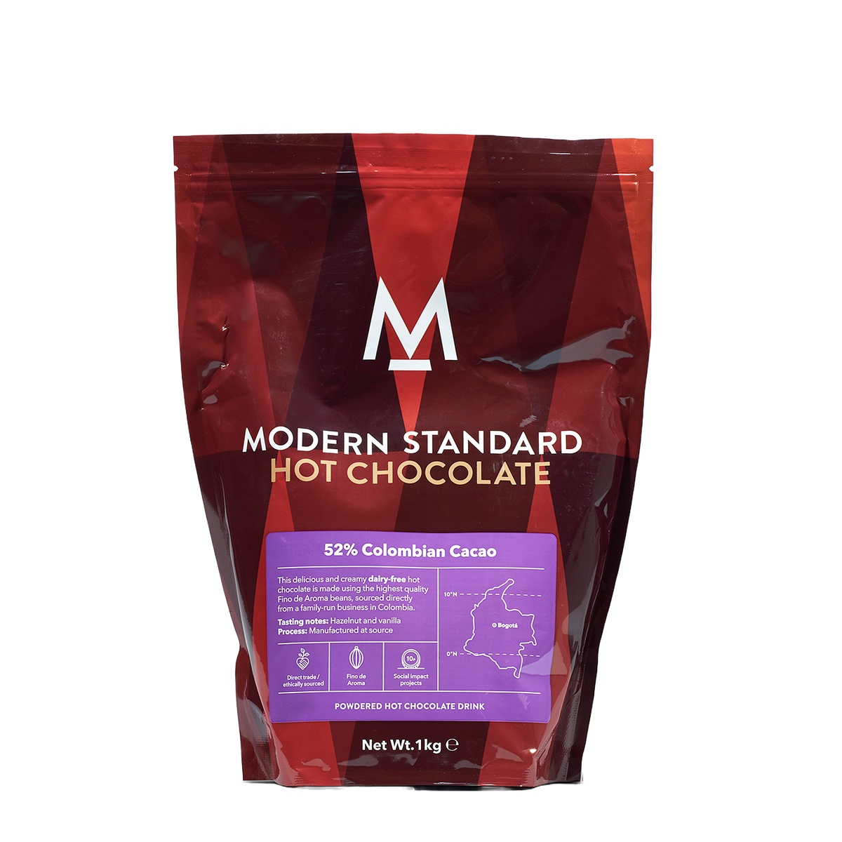 Front of the 1kg pouch of Modern Standard 52% Colombian Cacao Hot Chocolate