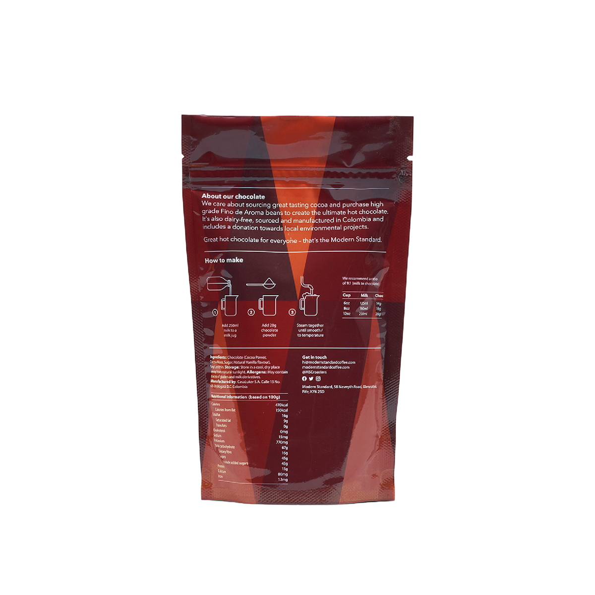 Back of the smaller 52% Hot Chocolate pouch with how-to-make guide