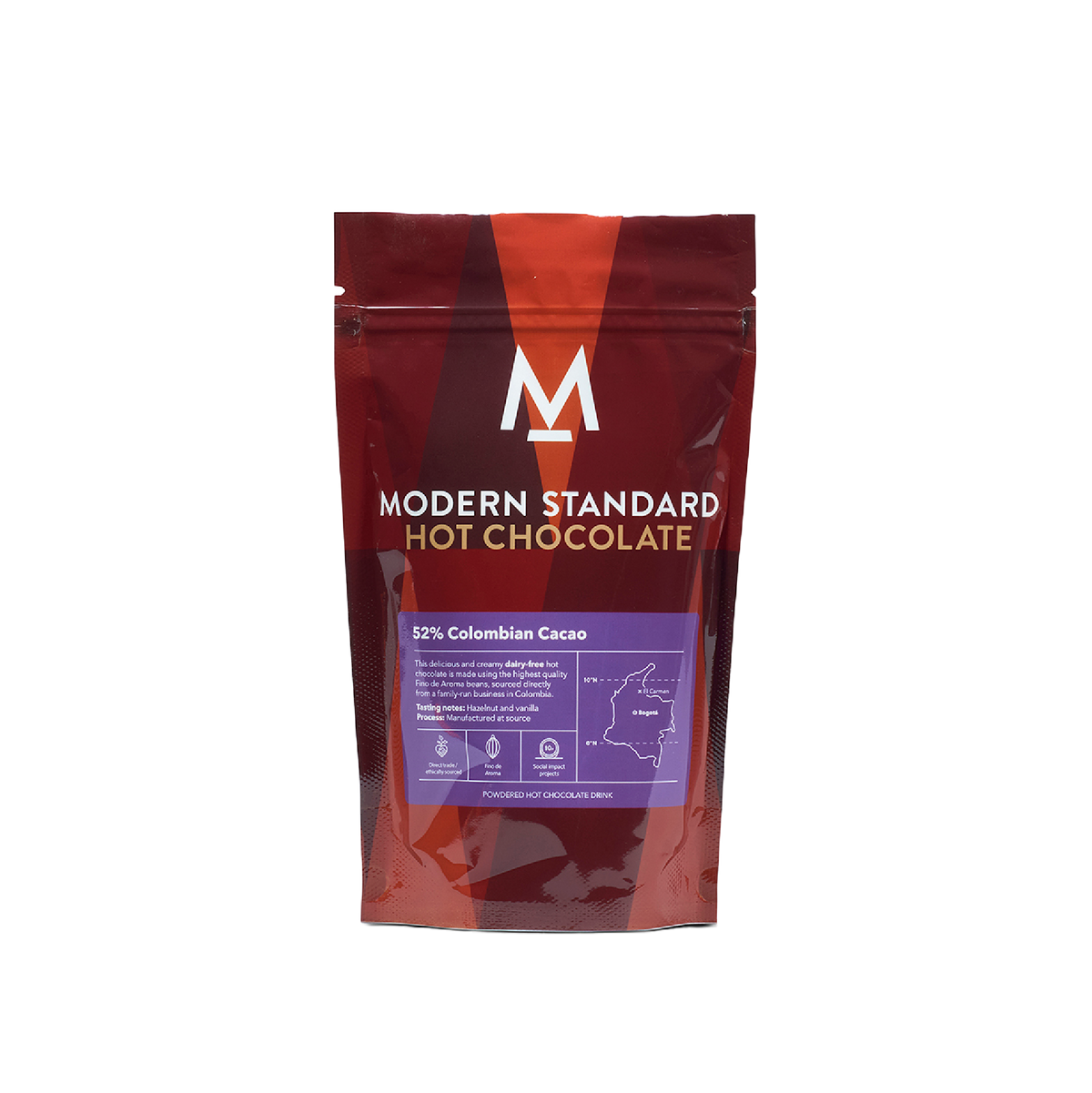 Front of the smaller pouch of Modern Standard 52% Hot Chocolate