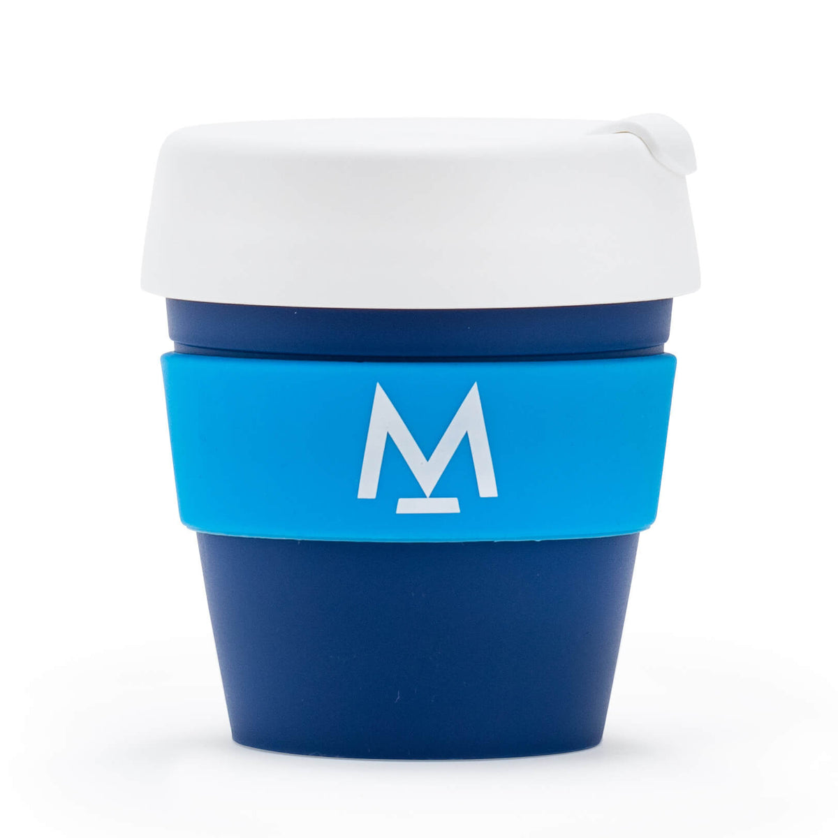 KeepCup Original 8oz reusable cup in navy with white lid and blue M logo band