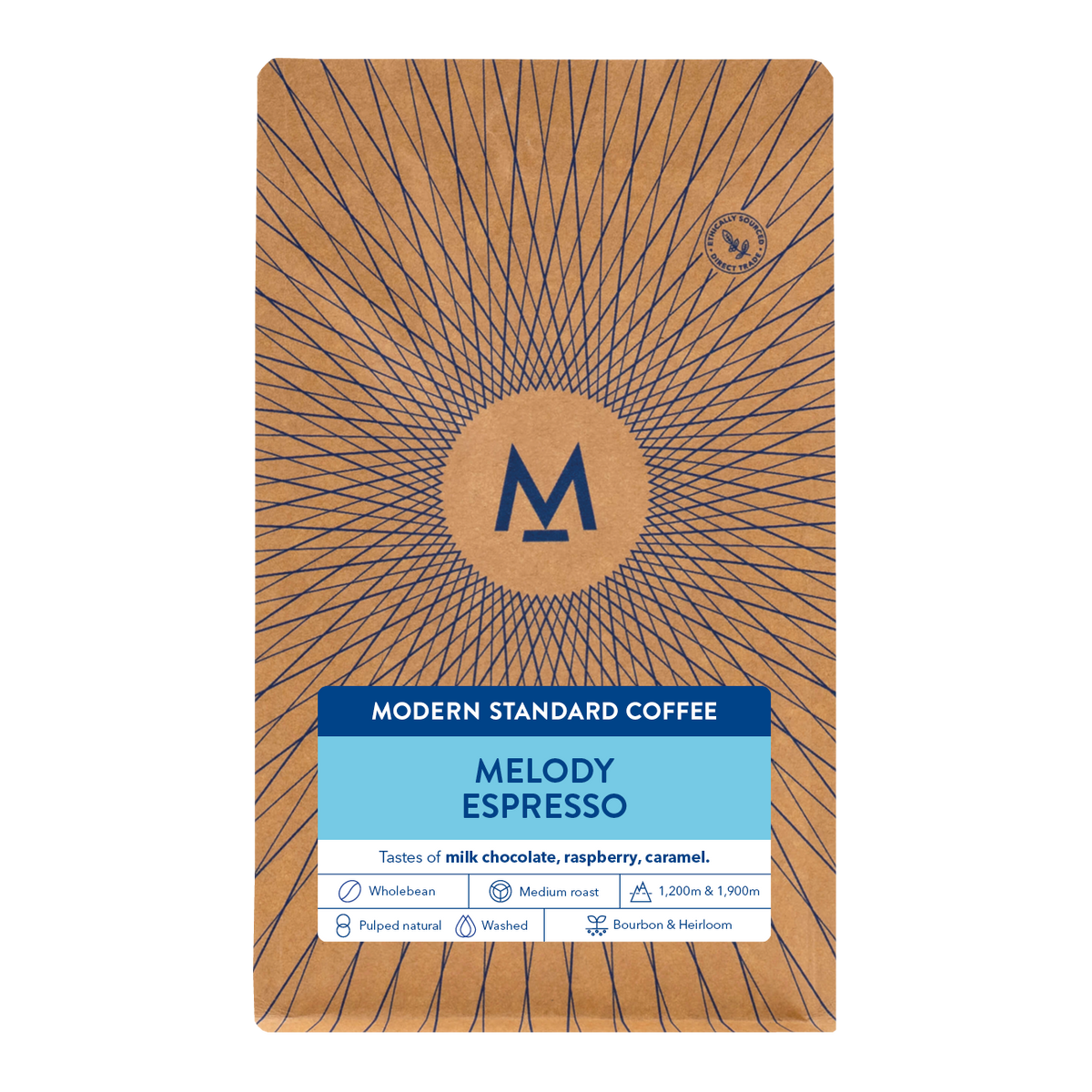 Melody Espresso coffee bag, front label with tasting notes