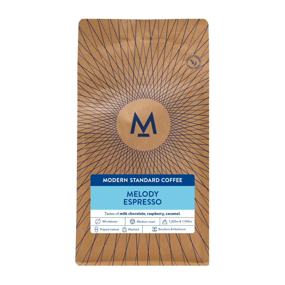 Melody Espresso coffee in a flat-bottomed kraft bag