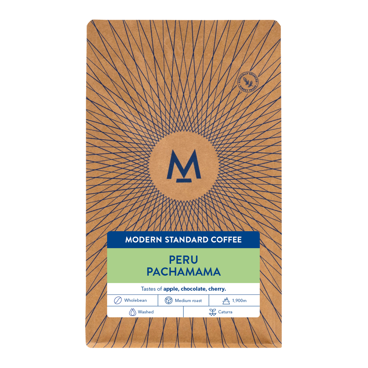 Pachamama Peru coffee bag, front label with tasting notes