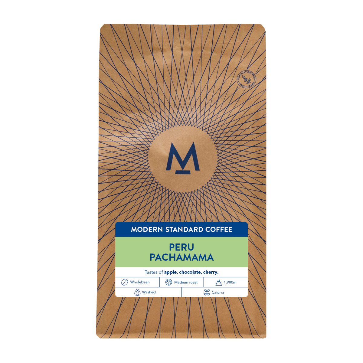 Pachamama Peru coffee in a flat-bottomed kraft bag