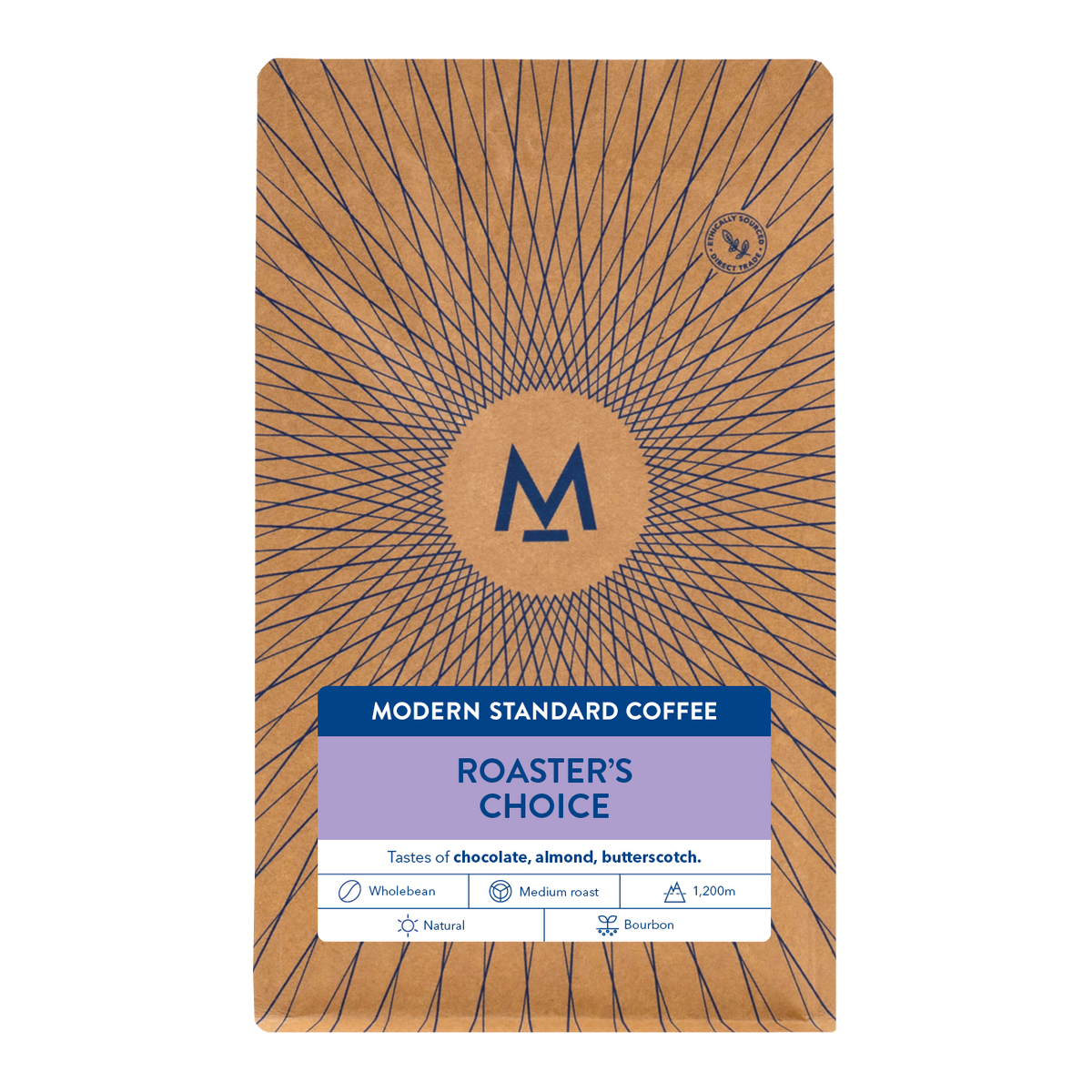 Roaster's Choice coffee bag, front label with tasting notes